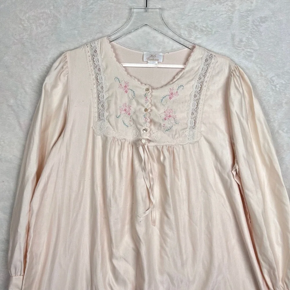 Lady Barbizon‎ Nightgown L Peach Pink Floral Lace Long Sleeve Loungewear Women